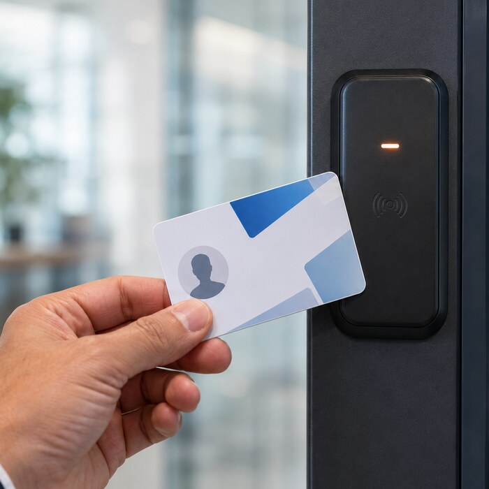 Badge aziendale avvicinato a un lettore per il controllo accessi